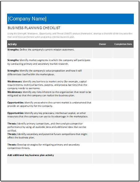 Business Planning Checklist Template for Excel