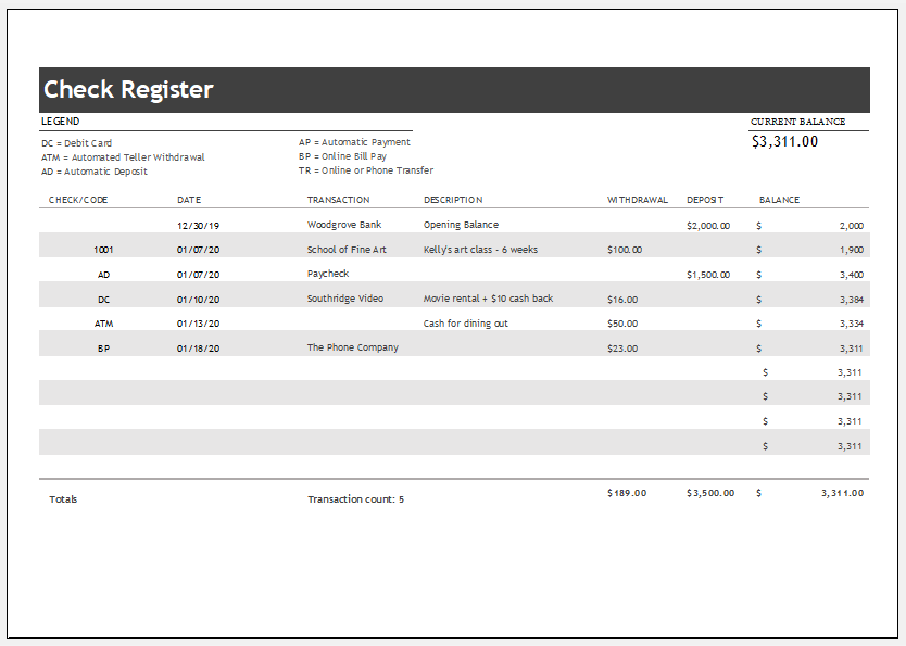 Checkbook Register Template for Excel