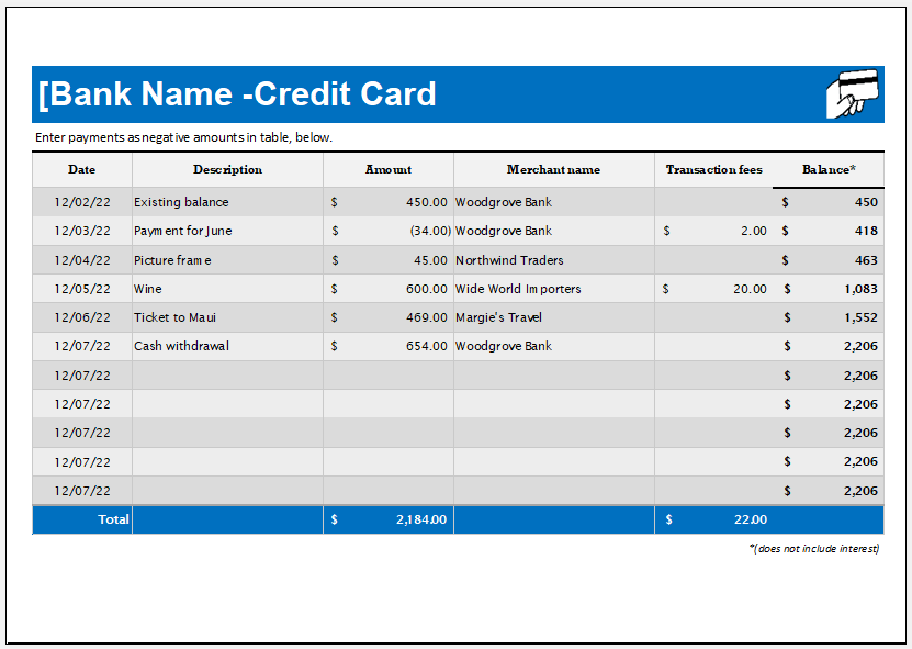 Credit Card Use Log Template for Excel