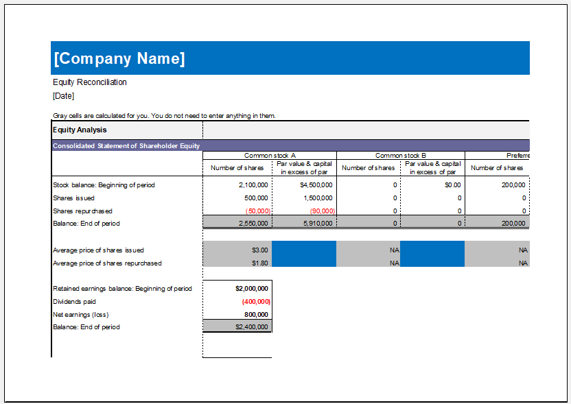 Equity Reconciliation Report Template for Excel
