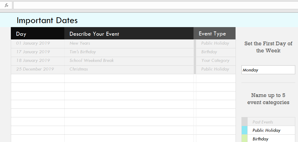 Family Event Calendar Template for Excel